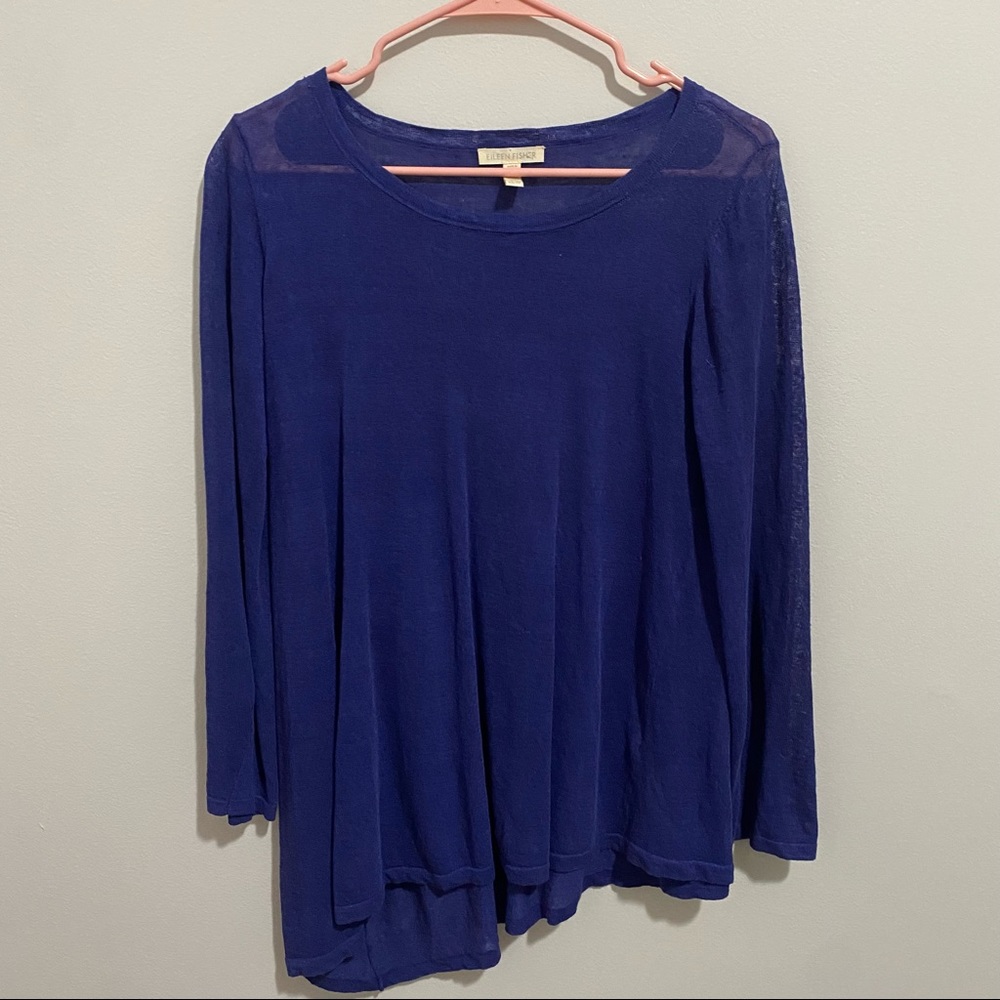 Eileen Fisher Blue Asymmetrical Hem Lightweight Linen Sweater - Picture 1 of 4